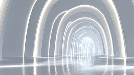 Arched hallway with glowing lights leading into a bright future