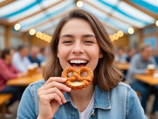 Smiling Young Woman Eating Salted Pretzel at Beer Festival Tent with Blurred Crowd in Background, Candid Close Up