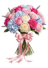 Fototapeta premium Elegant pastel bouquet arrangement with roses hydrangeas peonies and decorative pink ribbon transparent background