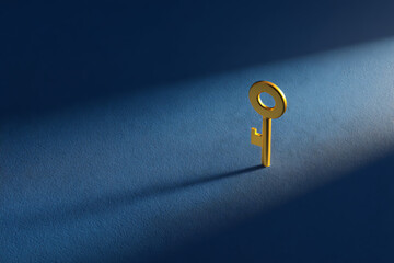 Golden key stands alone in dramatic light, symbolizing opportunity and solutions.
