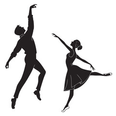 Elegant couple ballet dancers in graceful pose silhouettes black and white © RABBYMIA