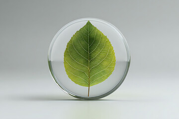 Green leaf protected within a clear glass sphere, symbolizing nature's fragility and preservation.