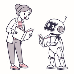 Woman and robot reading books together learning