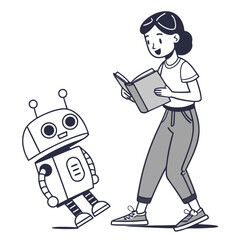 Young woman reading book next to friendly robot vector