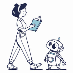 Woman reading book with robot companion vector