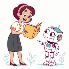 Animated teacher reading book to friendly robot vector