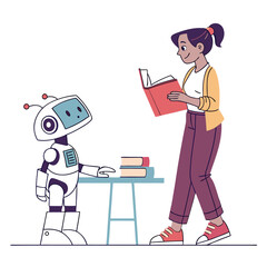 Animated teacher with robot and books learning