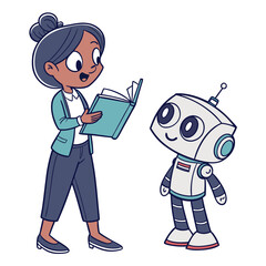 Animated woman teaching robot with book cartoon teacher
