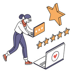 Character interacting with rating stars and laptops feedback