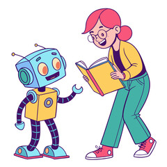 Friendly robot and teacher reading together book learning