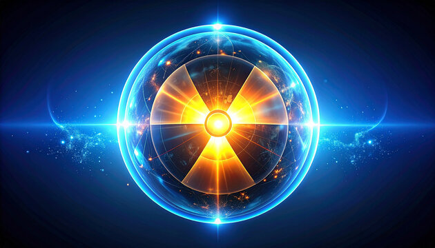 A vibrant digital illustration of a nuclear symbol emitting powerful energy within a glowing sphere.