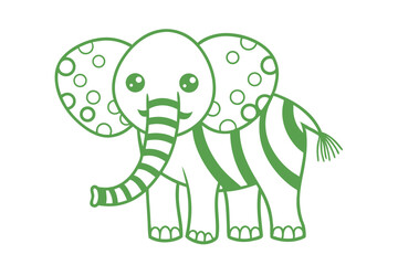 Green patterned baby elephant stands smiling against the white backdrop showing the trunk and tail