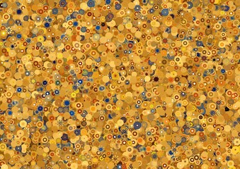 A dense pattern of small, circular shapes in shades of blue and gold , and white , with some yellow and blue accents, creating a textured , abstract background
