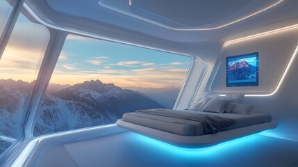 Naklejka premium Futuristic bedroom with a levitating bed floor to ceiling smart windows displaying scenic views and ambient blue lighting creating a serene high tech relaxation space