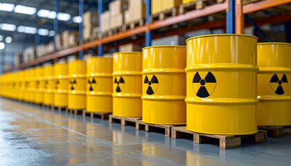 A detailed view of a warehouse filled with yellow barrels containing radioactive materials.