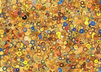A painting of a dense field of colorful, circular floral patterns in shades of yellow and brown , with intricate details and a textured appearance