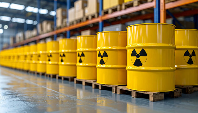 A detailed view of a warehouse filled with yellow barrels containing radioactive materials.