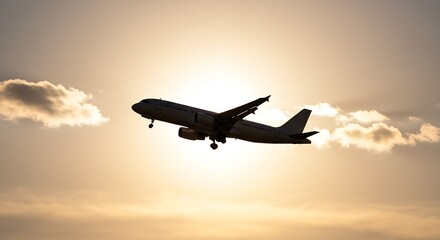 Silhouette of airplane ascends gracefully through warm sunset light. AI Generated