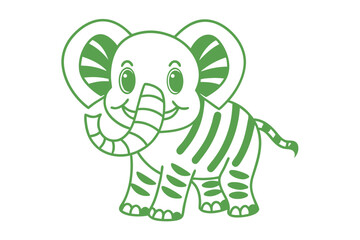 Smiling green striped cartoon elephant with playful expression waves its trunk cheerfully on a white background