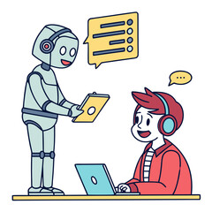 Robot assisting employee with laptop and checklist artificial intelligence