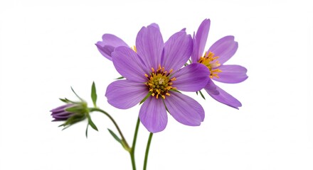 Delicate lilac cosmos flowers bloom brightly against a pure white background. AI Generated