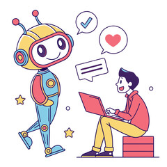 Friendly robot assistant with man working on laptop technology