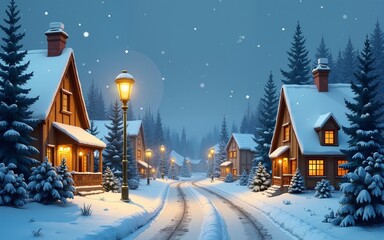 Fototapeta premium A charming winter village scene featuring warmly lit houses, snow-covered rooftops, a glowing streetlamp, pine trees, and a quiet snow-covered road during a gentle snowfall. High quality