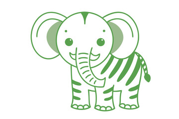 Green striped elephant cartoon smiles with its large ears on white background