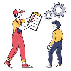 Man with clipboard and gears illustration flat design
