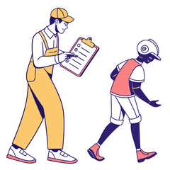 Man with clipboard guiding person with helmet checklist
