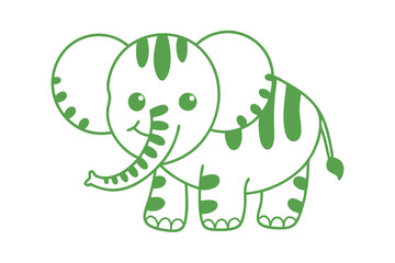 Green contour of a whimsical cartoon elephant stands isolated on a white background
