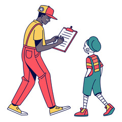 Man in red overalls and yellow shirt with clipboard interacting with robot writing