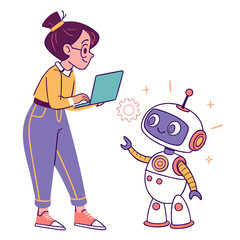 Woman interacts with friendly robot holding laptop technology interaction
