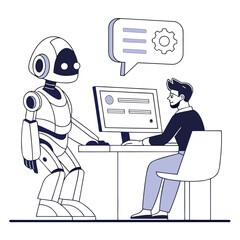 Robot assisting man at computer with digital interface artificial intelligence technology