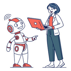 Woman and robot interacting with laptop technology interaction