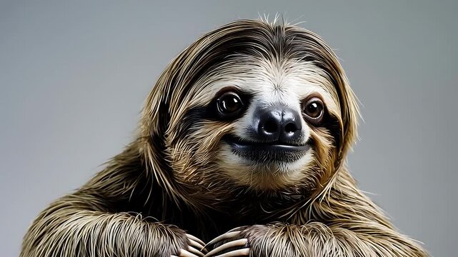 Cute sloth smiles sweetly and poses in front of a plain background