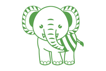 Green outlined cartoon elephant with striped ear detail stands against a white background