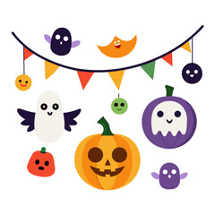 Cute halloween characters and decorations with bunting and pumpkins