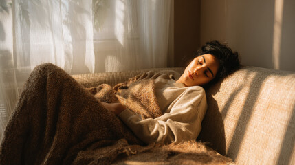 Relaxed young woman sleeping peacefully on comfortable sofa with cozy blanket, enjoying quiet afternoon nap at home. Rest, relaxation and self care lifestyle concept.
