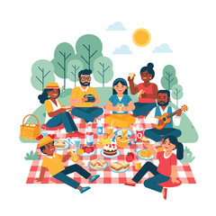 Flat Illustration People Enjoying Picnic Outdoors