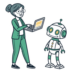 Woman in green blazer using laptop with robot technology artificial intelligence