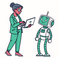 Woman in green blazer with laptop and friendly robot cartoon technology