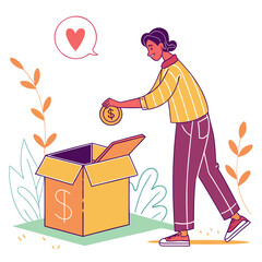 Person donating coin to charity box with heart symbol donation support