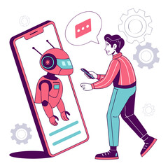 Man interacting with pink robot on smartphone screen ai chatbot communication
