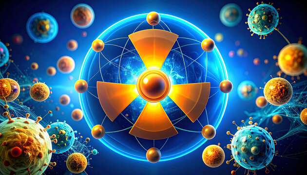 Illustration of a nuclear radiation symbol surrounded by glowing particles and a blue energy field. - Powered by Adobe