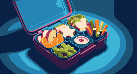 An artistic illustration of a healthy bento box lunch with fruit, vegetables, and a star-shaped sandwich.