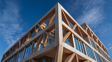 Modern Wooden Building with Glass Windows Against a Clear Blue Sky