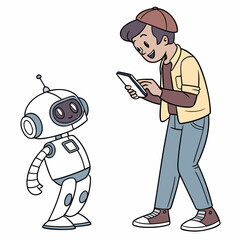 Boy interacting with friendly robot using smartphone technology interaction