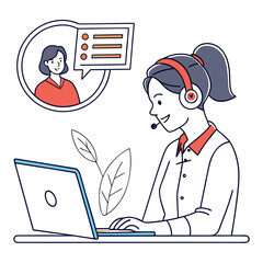 Woman customer service representative with headset and laptop communication