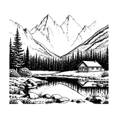 Black and white illustration of a log cabin by a lake with mountains and pine trees vector